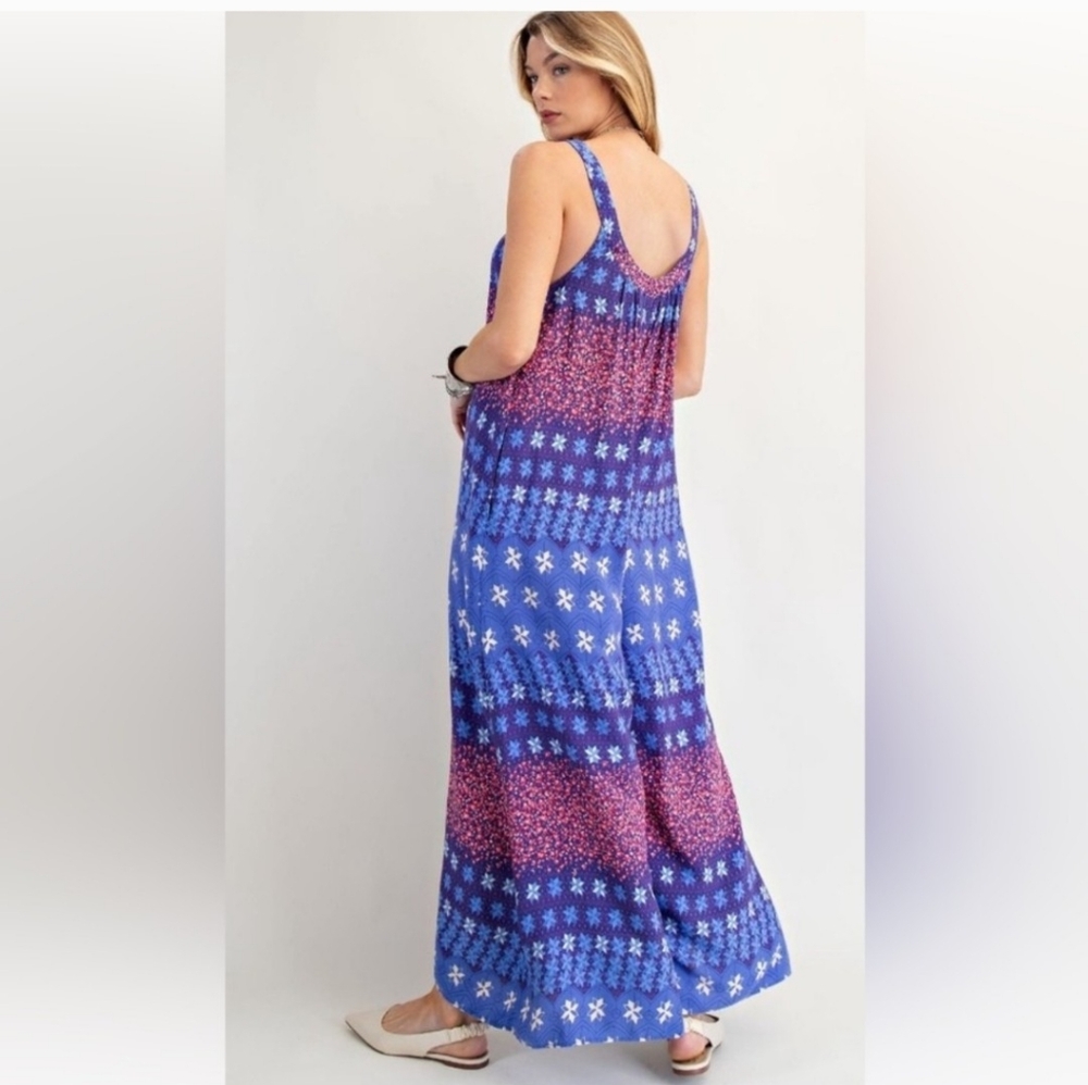 Easel Vibrant Blue and Pink Patterned Jumpsuit NWOT - Picture 2 of 6